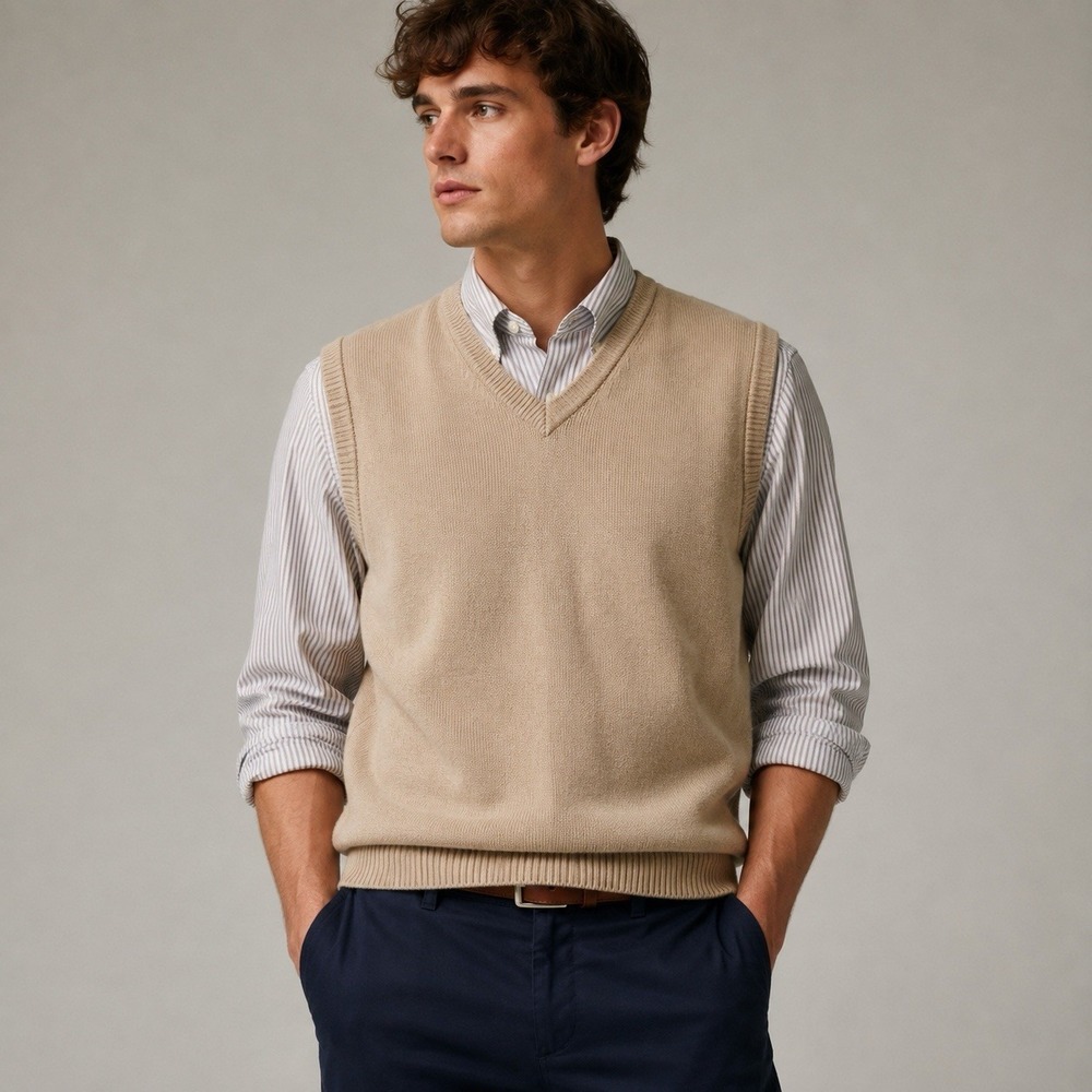 Eddie Bauer Sweater Vest L Tan Navy V-Neck Preppy Ivy Academia Grandpacore